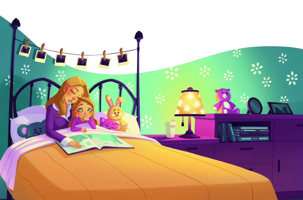 mom falling asleep while reading to daughter at bedtime illustration in Career Mama Book